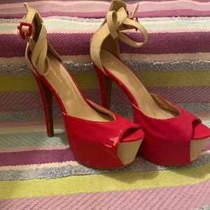 Red and beige open toe pumps.
